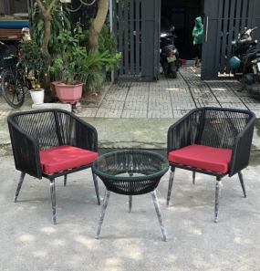 Bàn Ghế Ngoài Trời Khung Sắt Đan Dây Dù