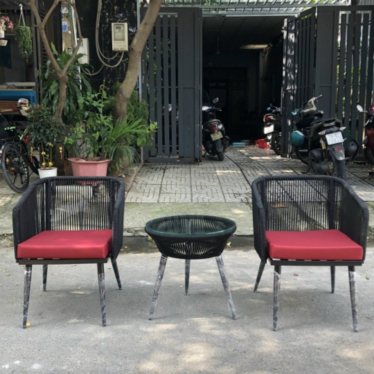 Bàn Ghế Ngoài Trời Khung Sắt Đan Dây Dù
