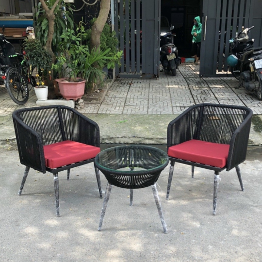 Bàn Ghế Ngoài Trời Khung Sắt Đan Dây Dù